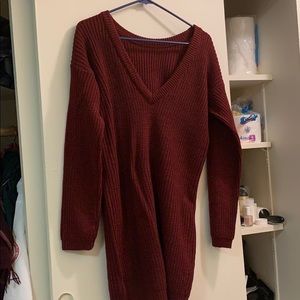 Warm, cozy red V-neck sweater dress